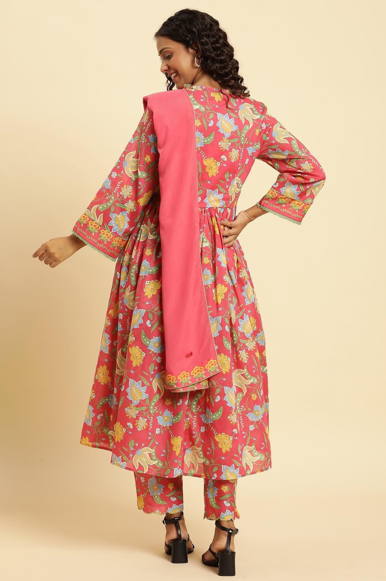 W for Woman Red Chintz Gathered Kurta, Pants and Dupatta Set