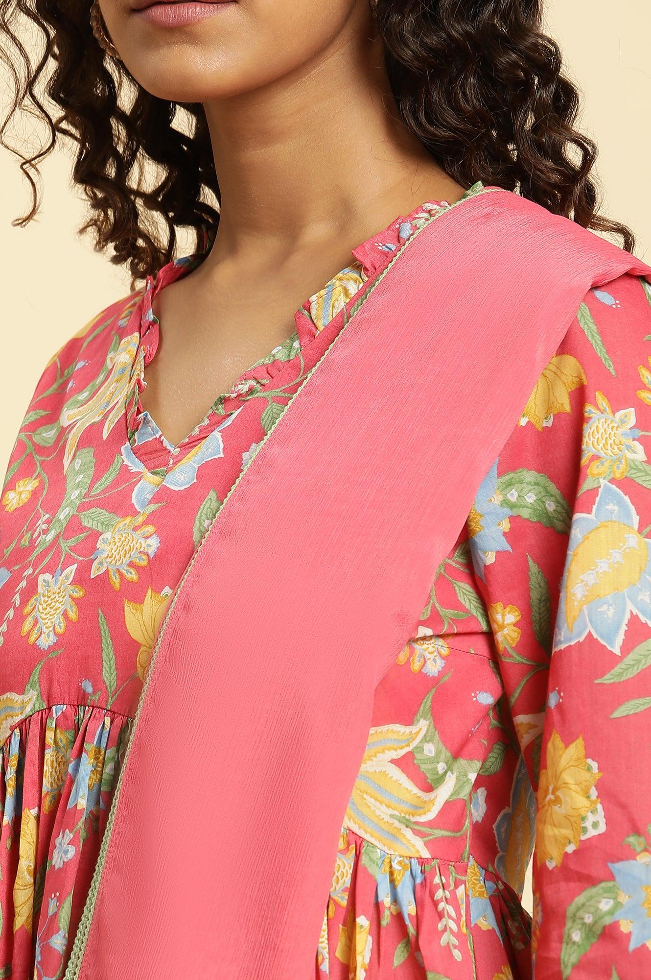 W for Woman Red Chintz Gathered Kurta, Pants and Dupatta Set