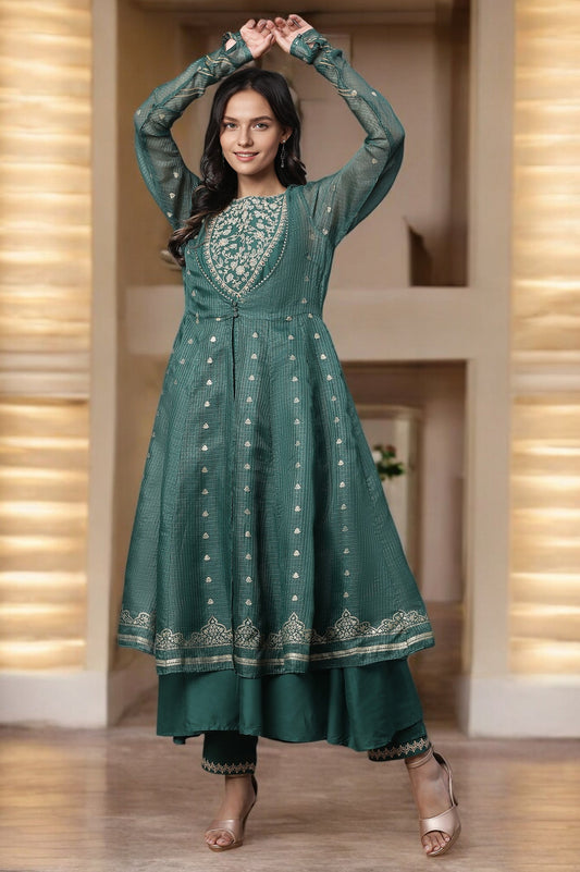 W for Woman Green Layered Anarkali Kurta and Slim Pant Set