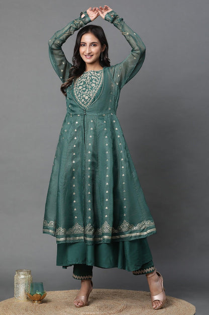 W for Woman Green Layered Anarkali Kurta and Slim Pant Set