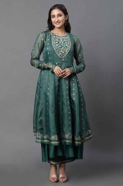 W for Woman Green Layered Anarkali Kurta and Slim Pant Set