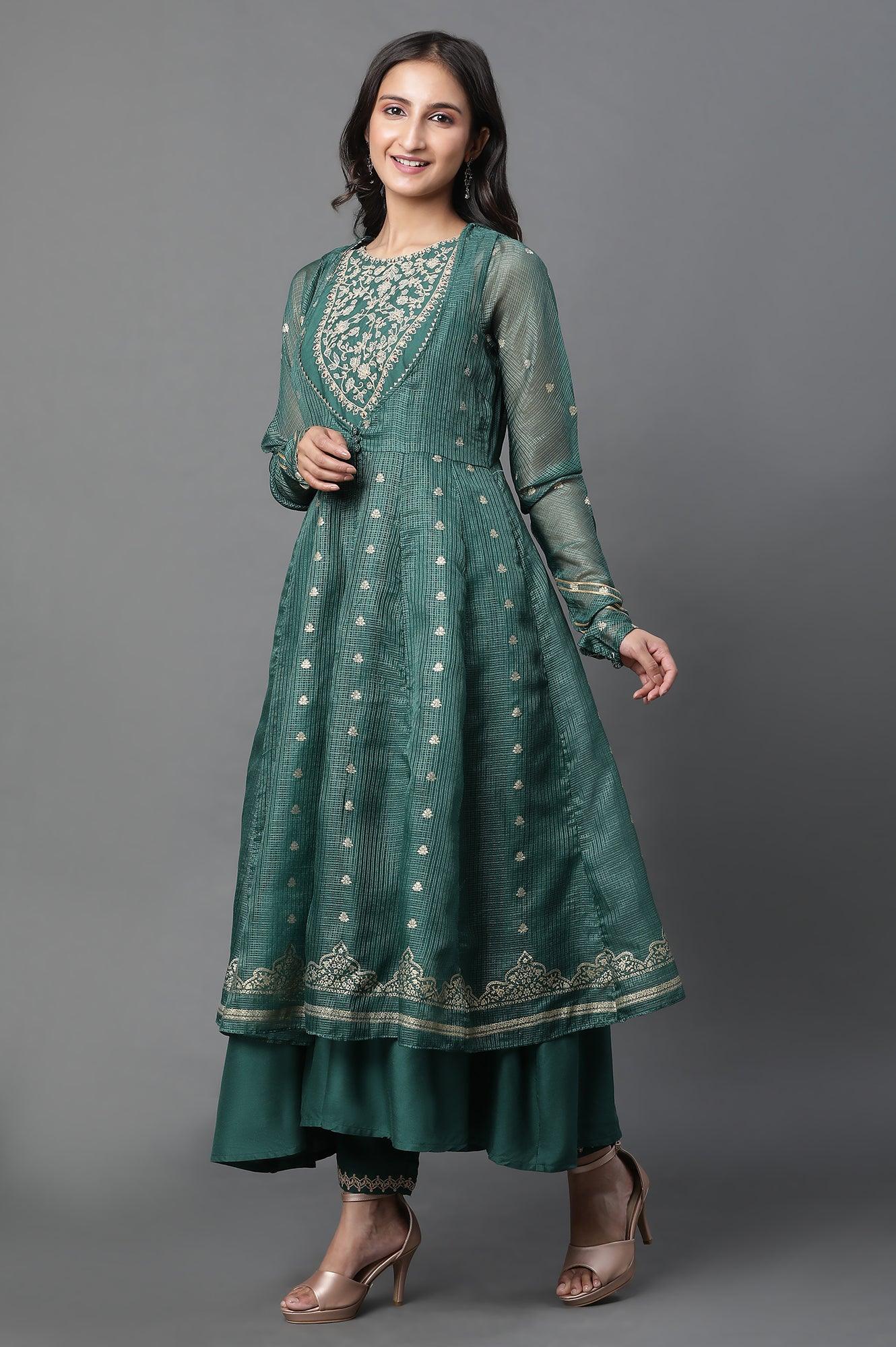 W for Woman Green Layered Anarkali Kurta and Slim Pant Set