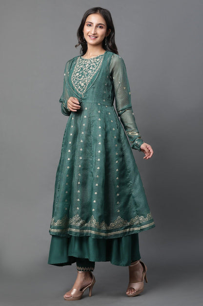 W for Woman Green Layered Anarkali Kurta and Slim Pant Set