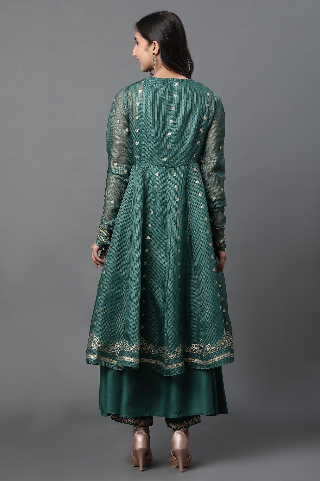 W for Woman Green Layered Anarkali Kurta and Slim Pant Set
