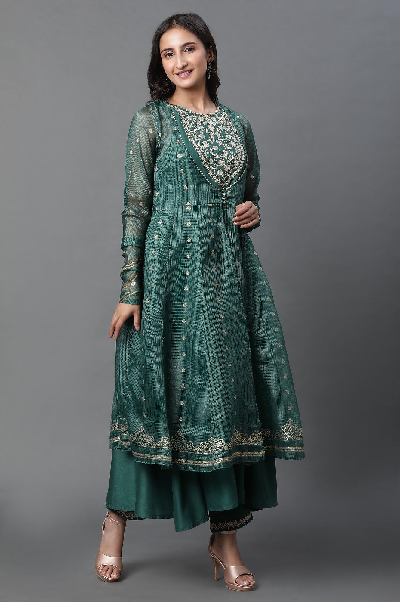 W for Woman Green Layered Anarkali Kurta and Slim Pant Set