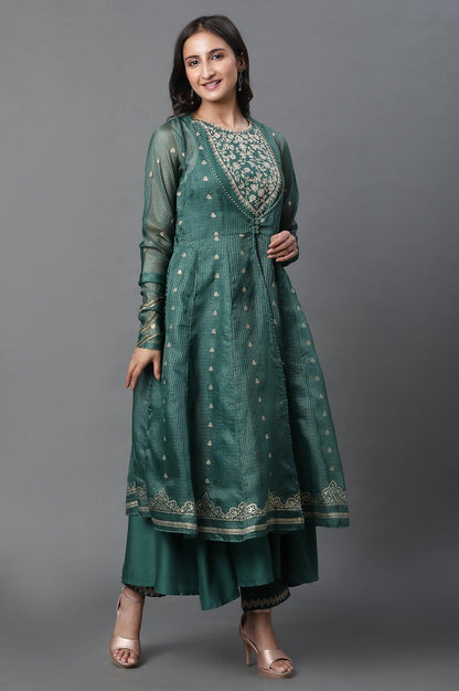 W for Woman Green Layered Anarkali Kurta and Slim Pant Set