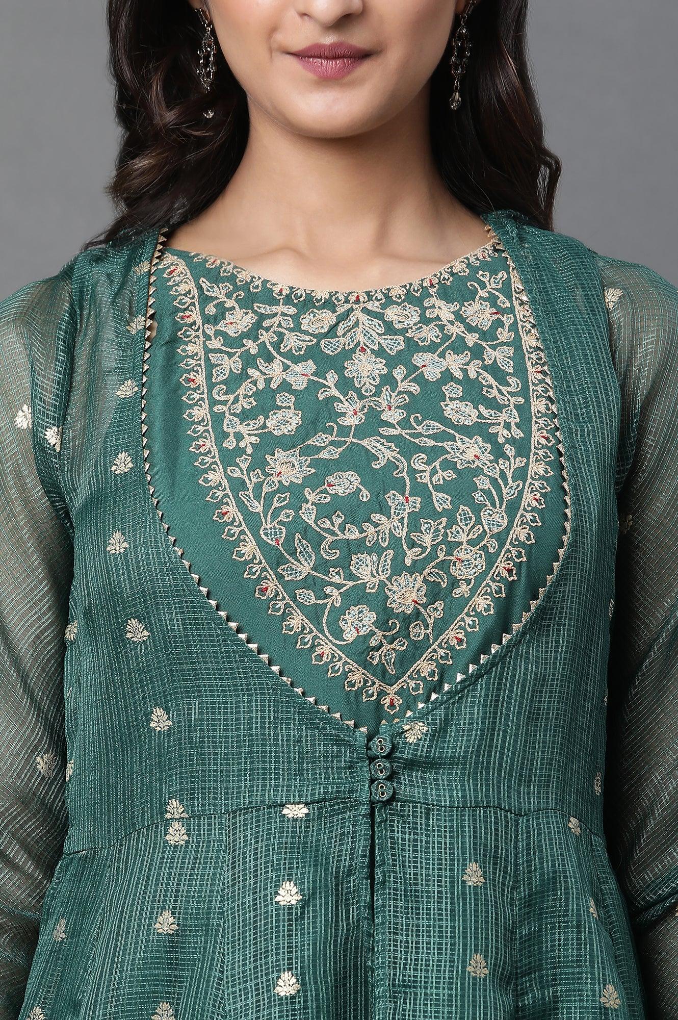 W for Woman Green Layered Anarkali Kurta and Slim Pant Set
