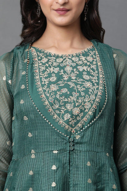 W for Woman Green Layered Anarkali Kurta and Slim Pant Set