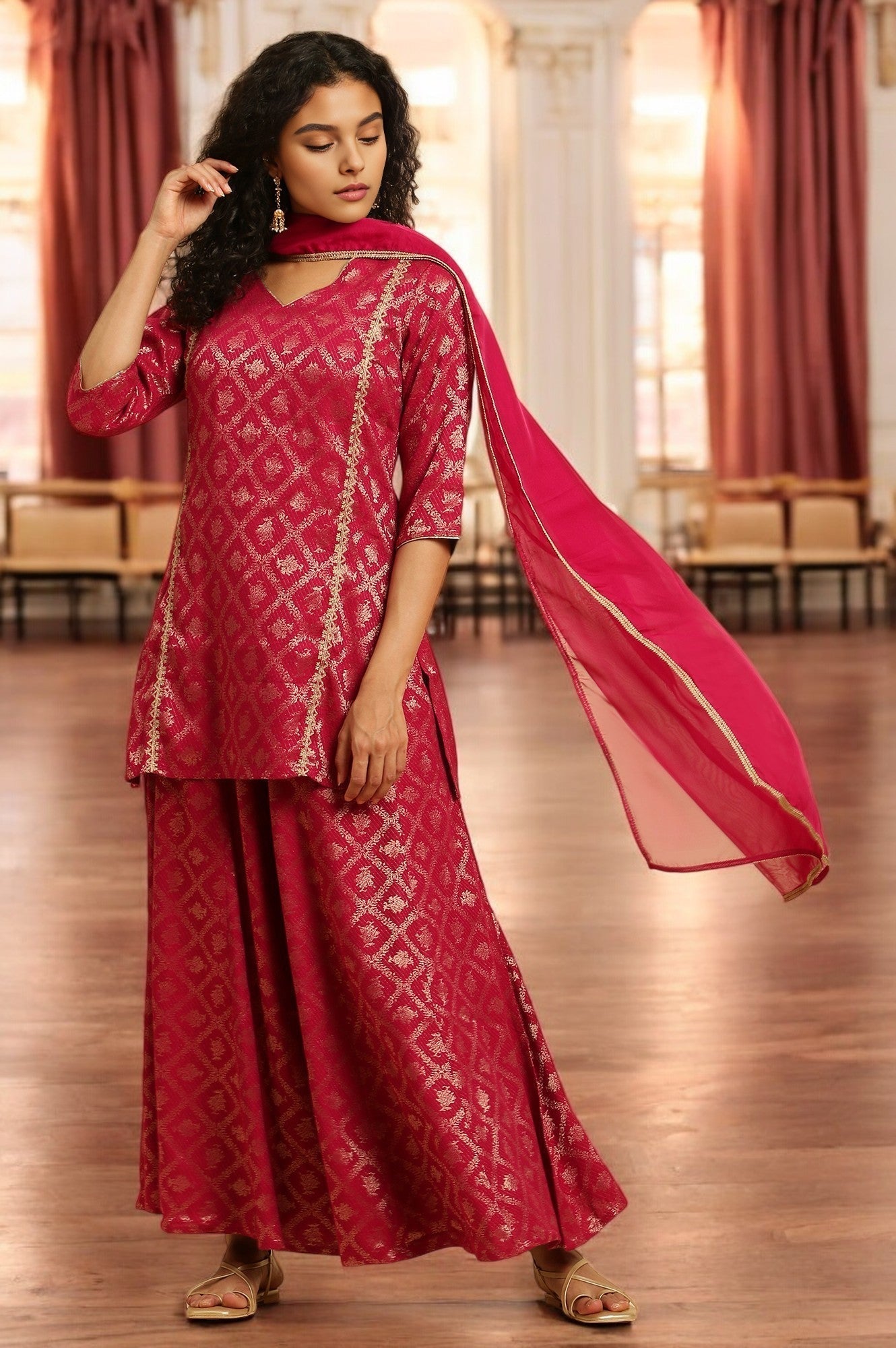 W for Woman Pink Zari Embellished Short Kurta, Flared Pants And Dupatta Set