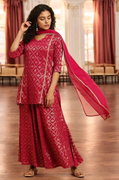 W for Woman Pink Zari Embellished Short Kurta, Flared Pants And Dupatta Set