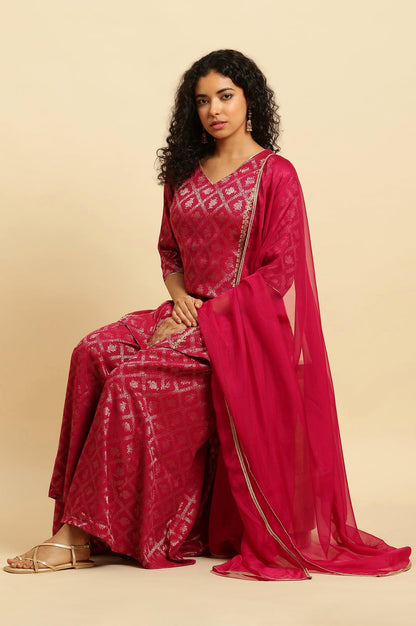W for Woman Pink Zari Embellished Short Kurta, Flared Pants And Dupatta Set