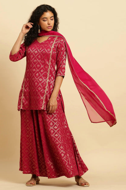 W for Woman Pink Zari Embellished Short Kurta, Flared Pants And Dupatta Set