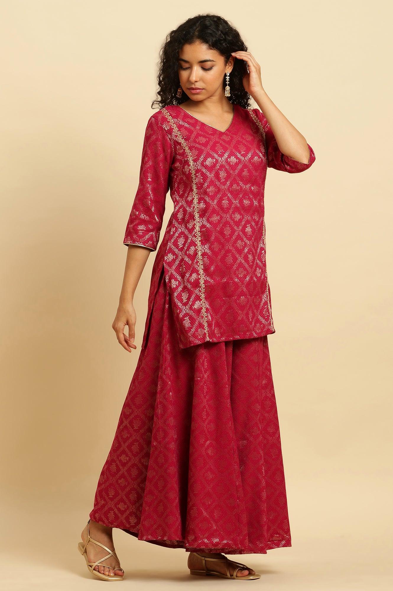 W for Woman Pink Zari Embellished Short Kurta, Flared Pants And Dupatta Set