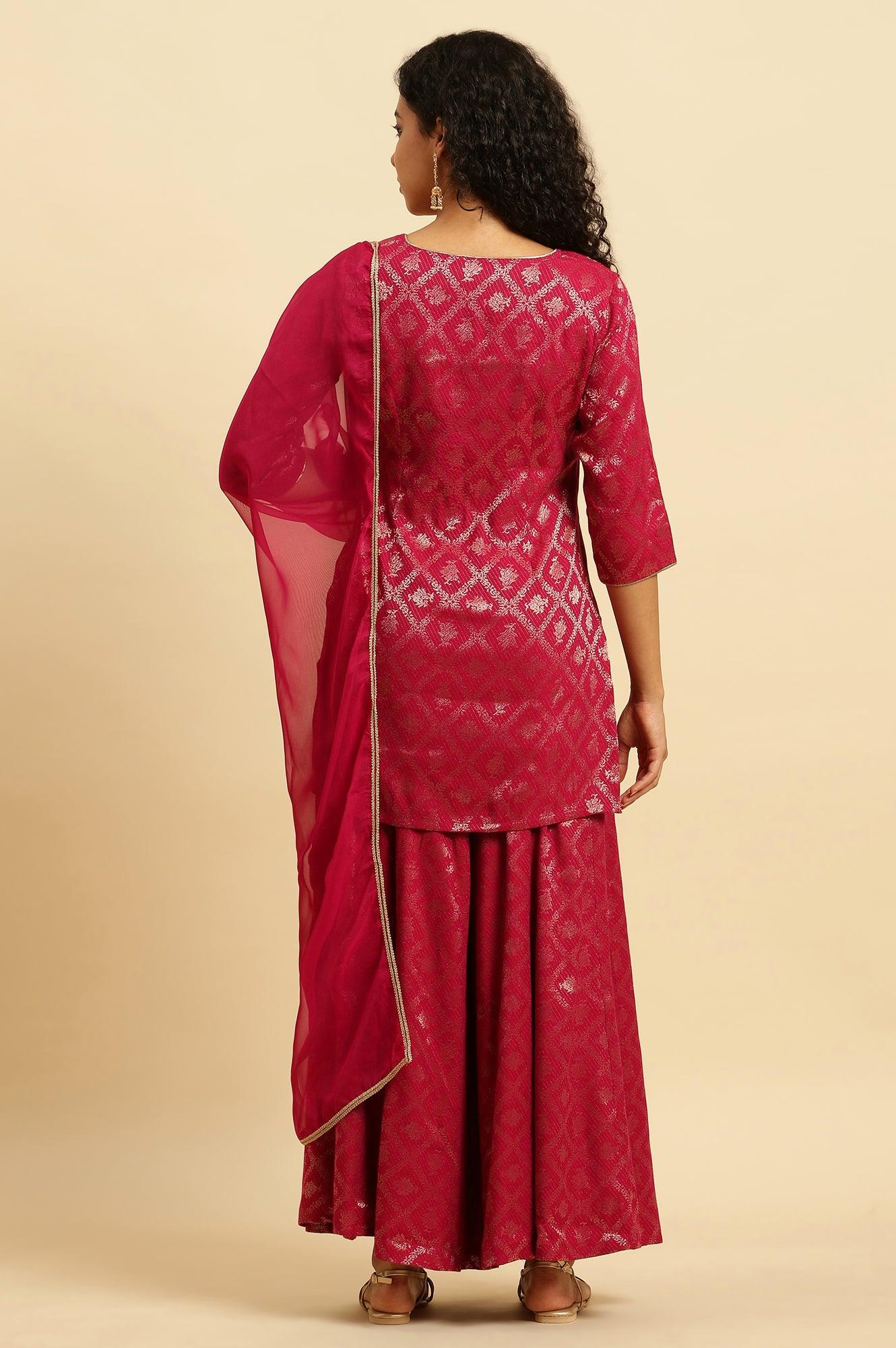W for Woman Pink Zari Embellished Short Kurta, Flared Pants And Dupatta Set
