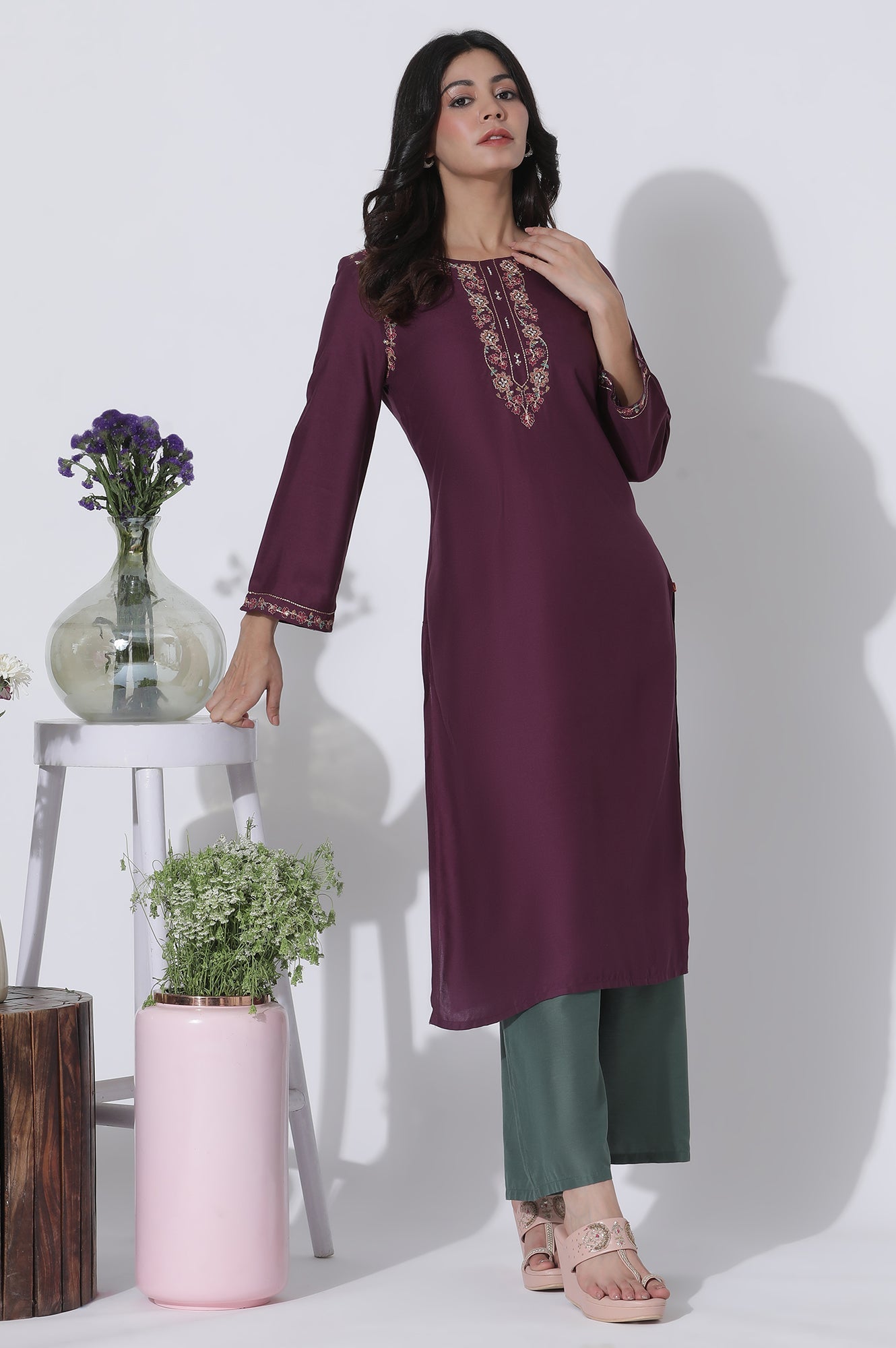 W for Woman Purple Embroidered Kurta And Pants Set