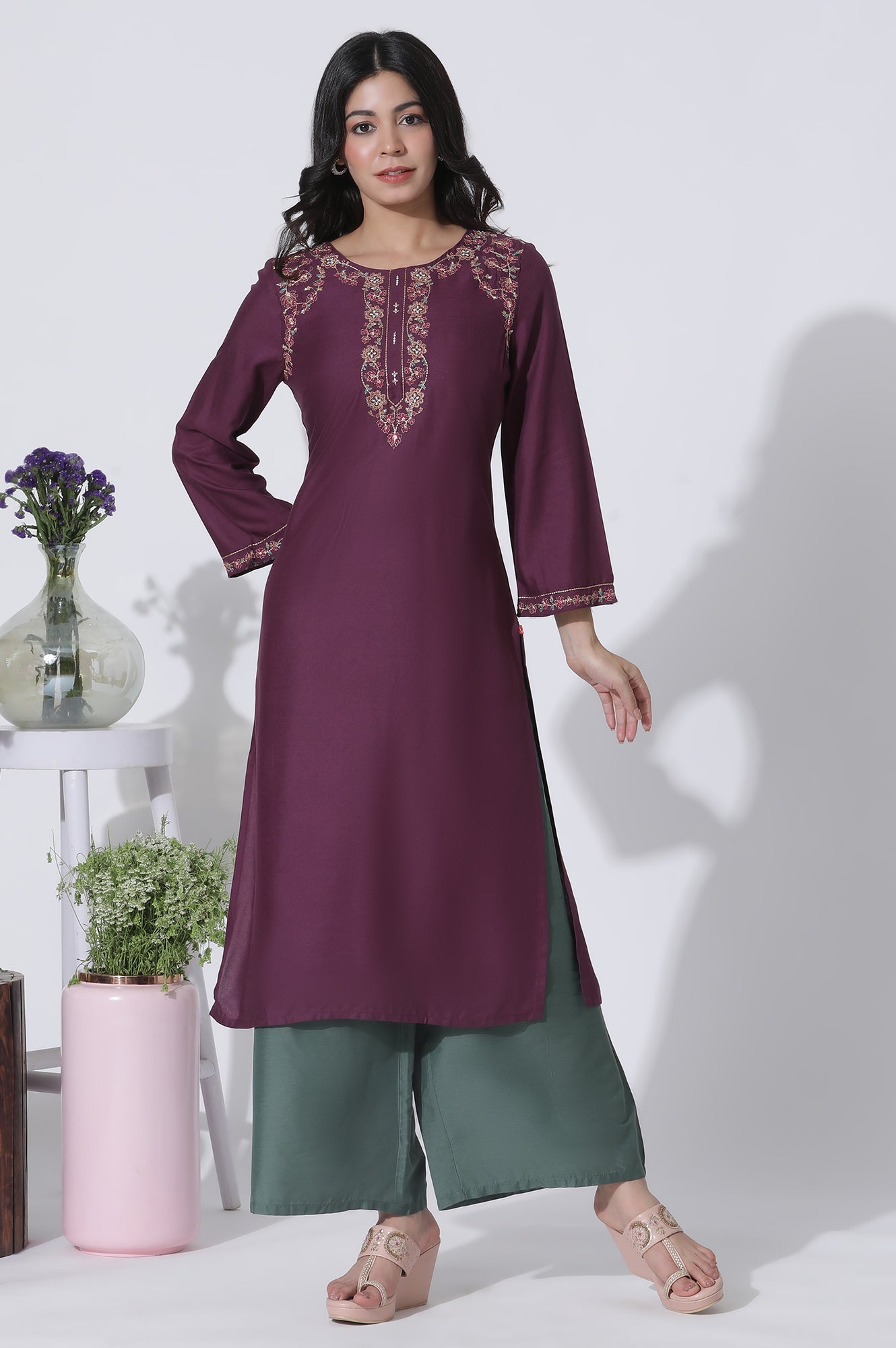 W for Woman Purple Embroidered Kurta And Pants Set