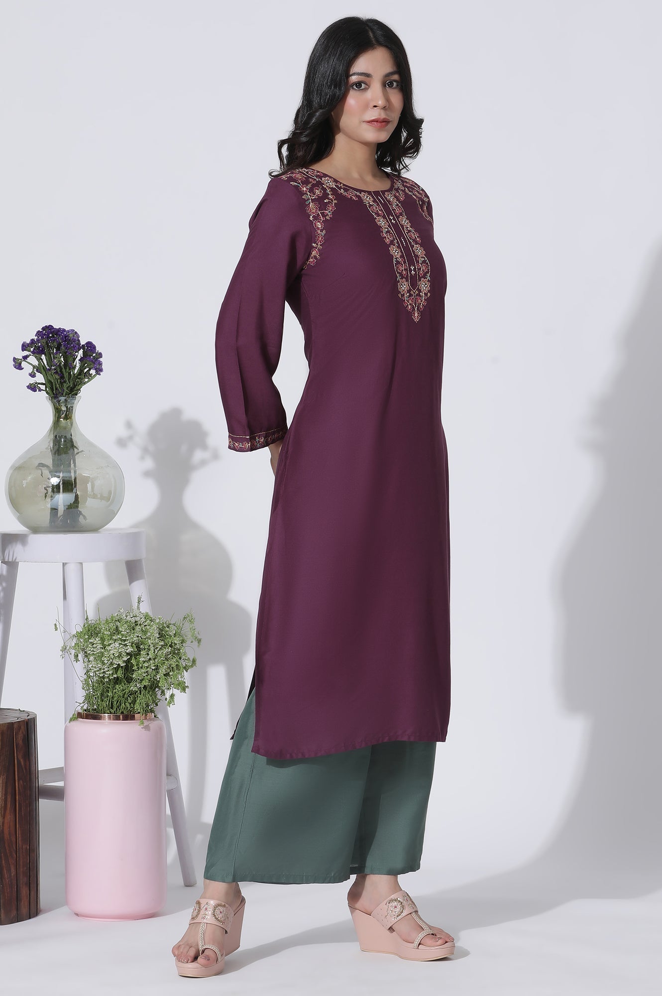 W for Woman Purple Embroidered Kurta And Pants Set