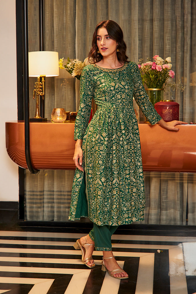 W for Woman Dark Green Floral Printed Kurta, Pants & Dupatta Set
