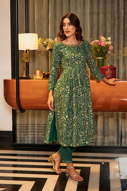 W for Woman Dark Green Floral Printed Kurta, Pants & Dupatta Set