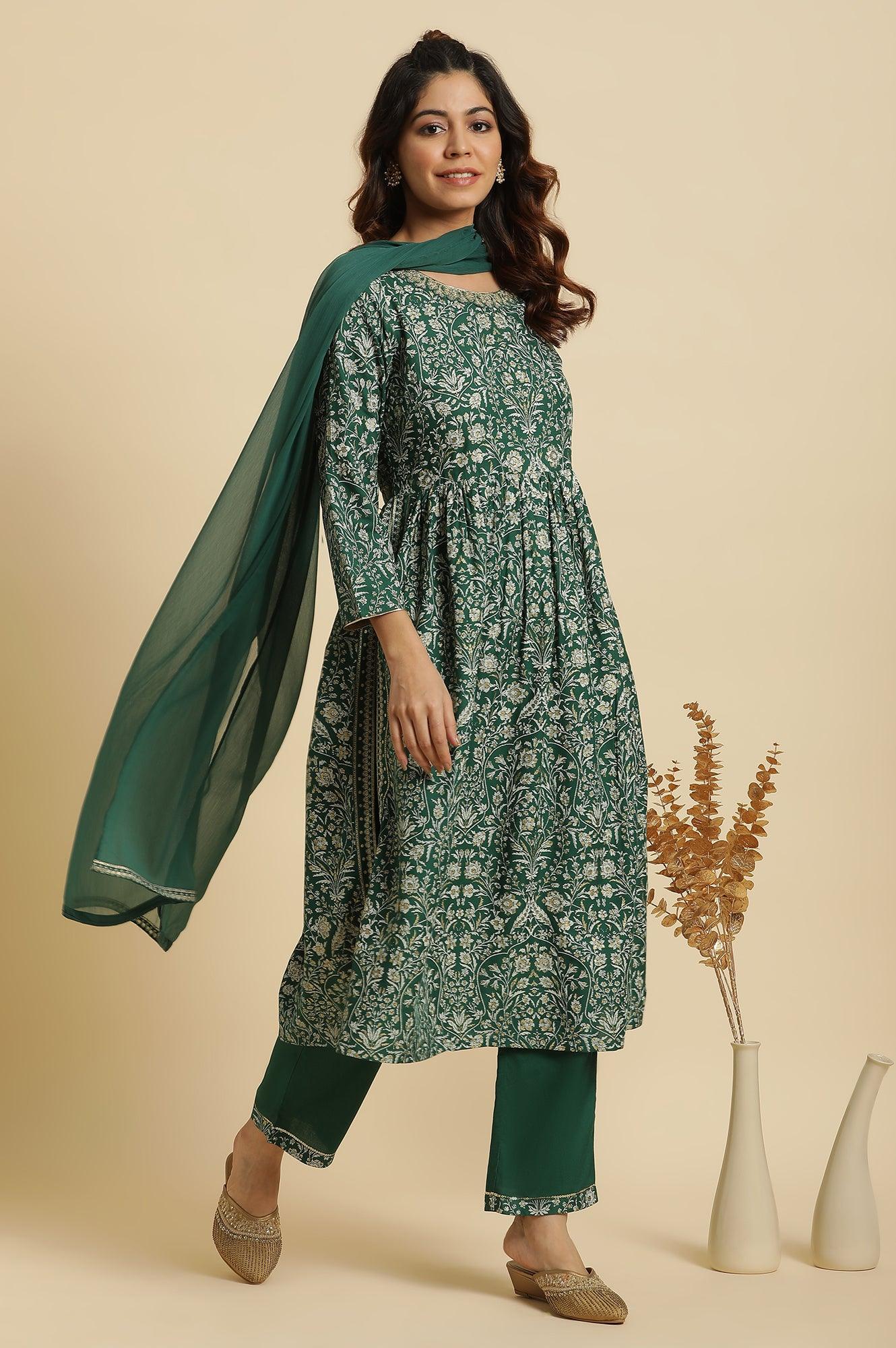 W for Woman Dark Green Floral Printed Kurta, Pants & Dupatta Set