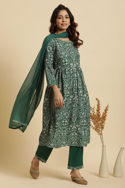 W for Woman Dark Green Floral Printed Kurta, Pants & Dupatta Set