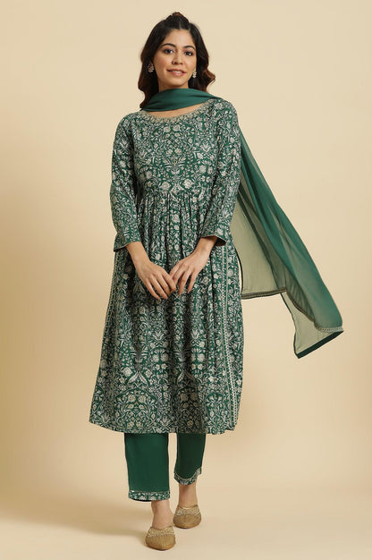 W for Woman Dark Green Floral Printed Kurta, Pants & Dupatta Set