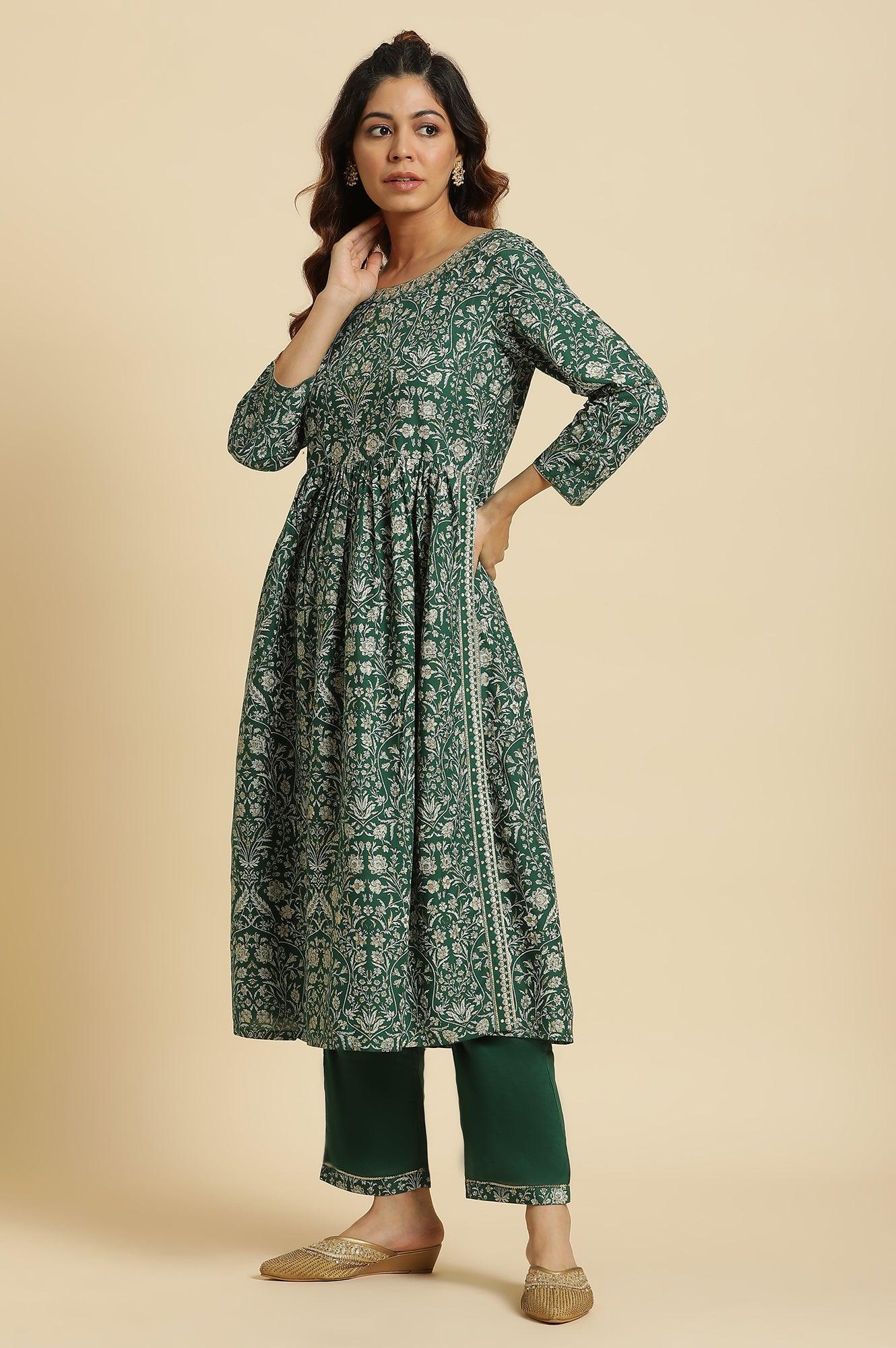 W for Woman Dark Green Floral Printed Kurta, Pants & Dupatta Set