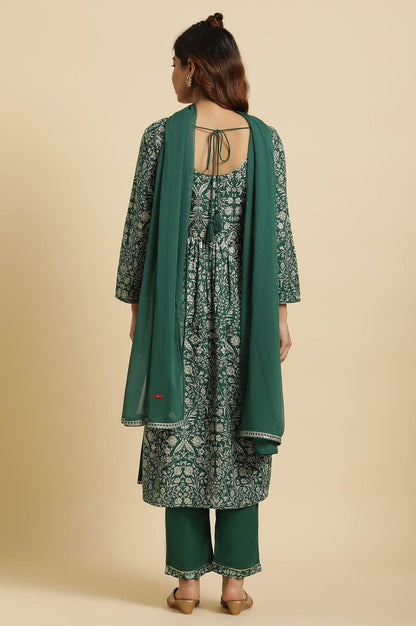 W for Woman Dark Green Floral Printed Kurta, Pants & Dupatta Set