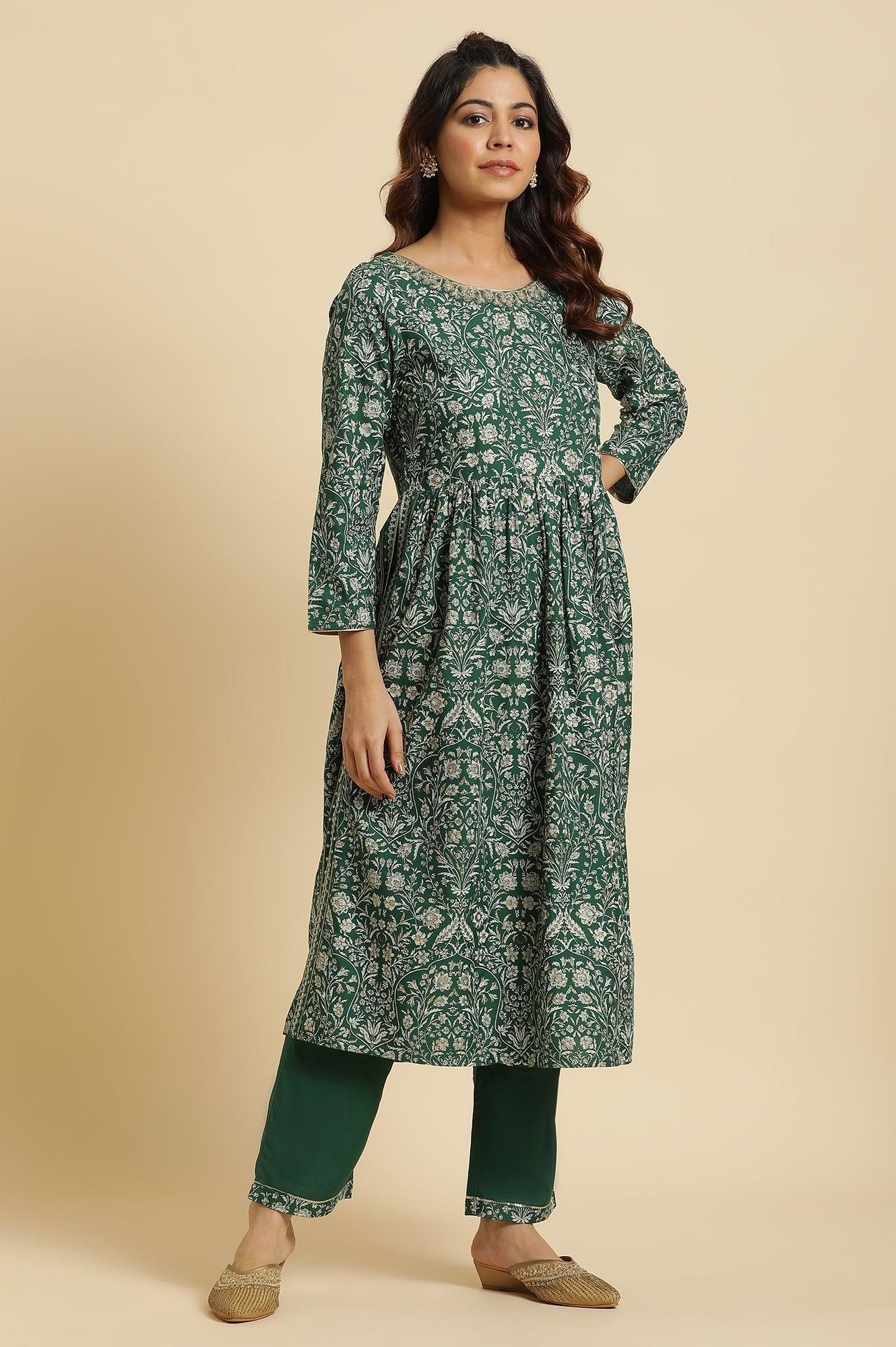 W for Woman Dark Green Floral Printed Kurta, Pants & Dupatta Set