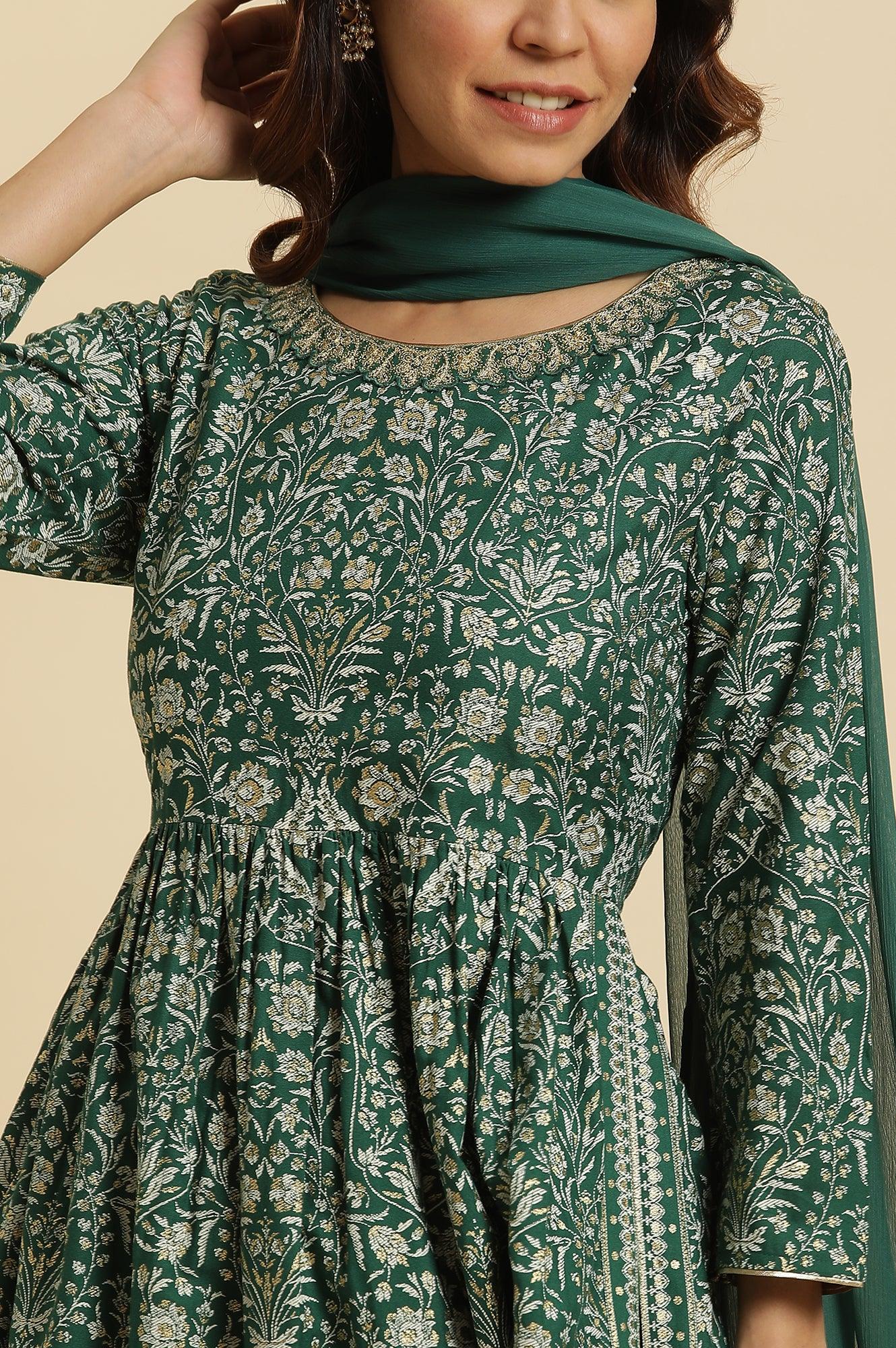 W for Woman Dark Green Floral Printed Kurta, Pants & Dupatta Set