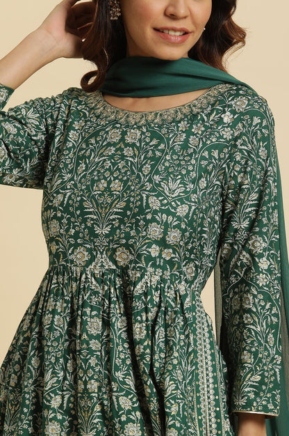W for Woman Dark Green Floral Printed Kurta, Pants & Dupatta Set