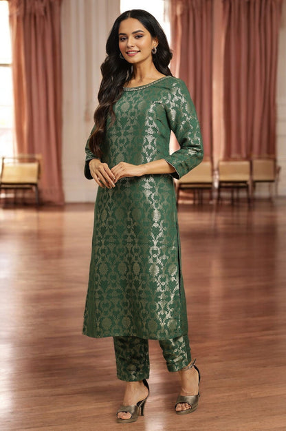 W for Woman Green Jacquard Rayon Kurta and Pants Ethnic Festive Co-ord Set