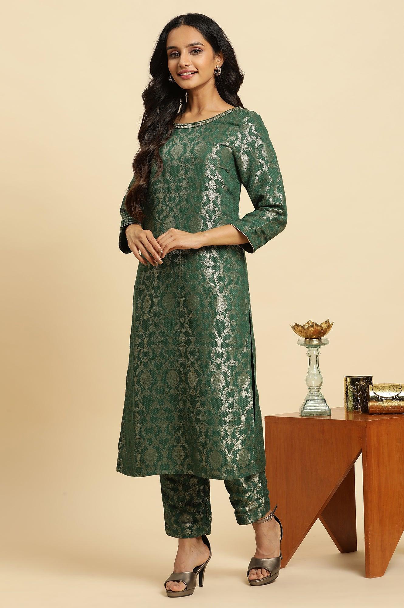 W for Woman Green Jacquard Rayon Kurta and Pants Ethnic Festive Co-ord Set