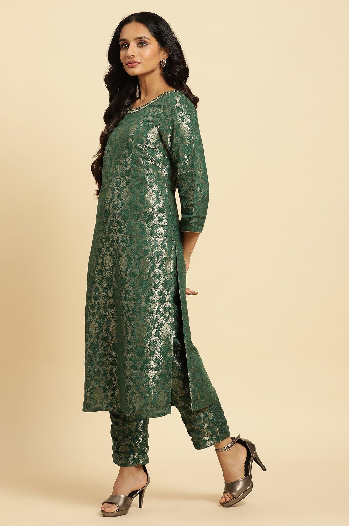 W for Woman Green Jacquard Rayon Kurta and Pants Ethnic Festive Co-ord Set