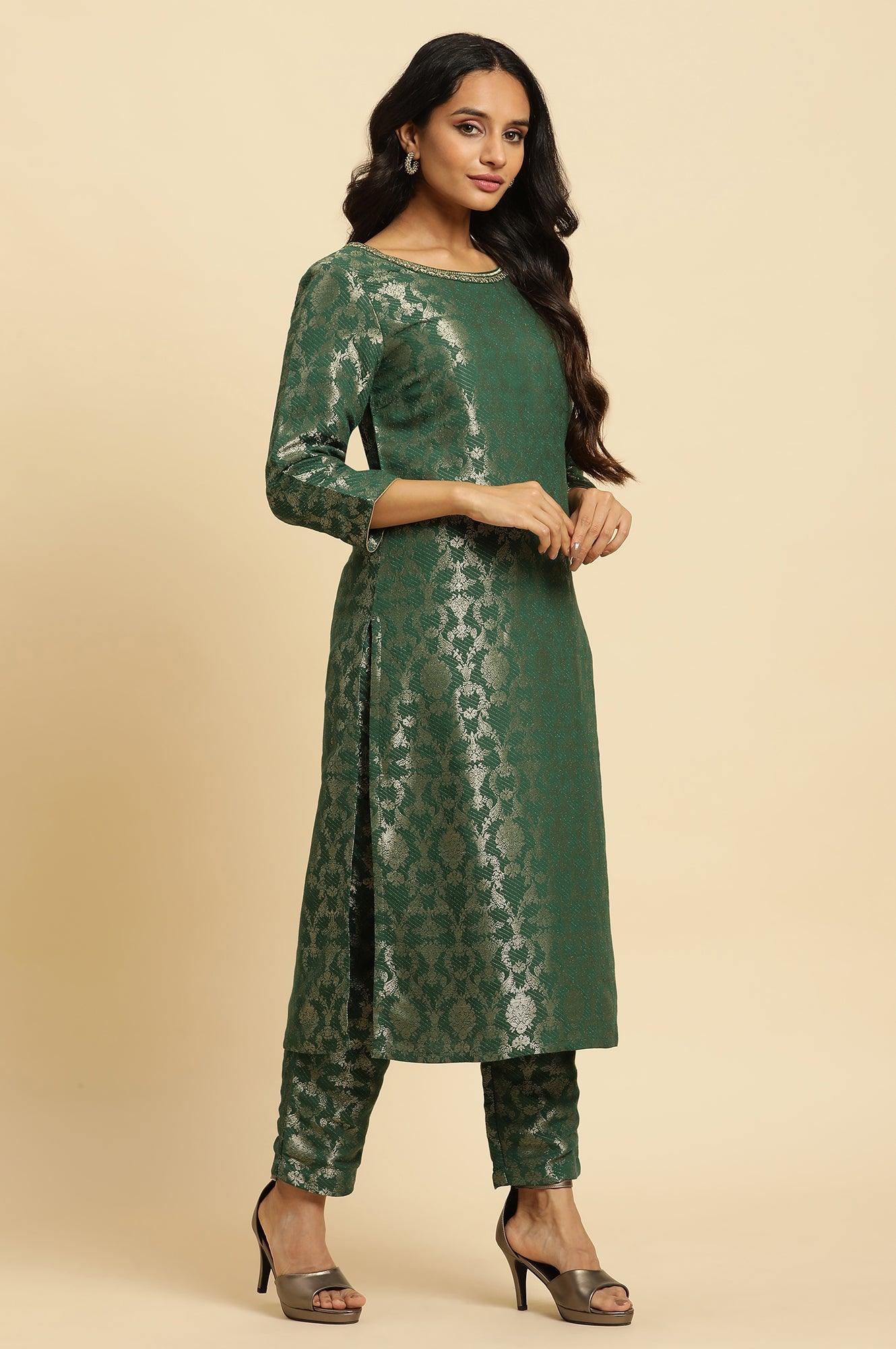W for Woman Green Jacquard Rayon Kurta and Pants Ethnic Festive Co-ord Set