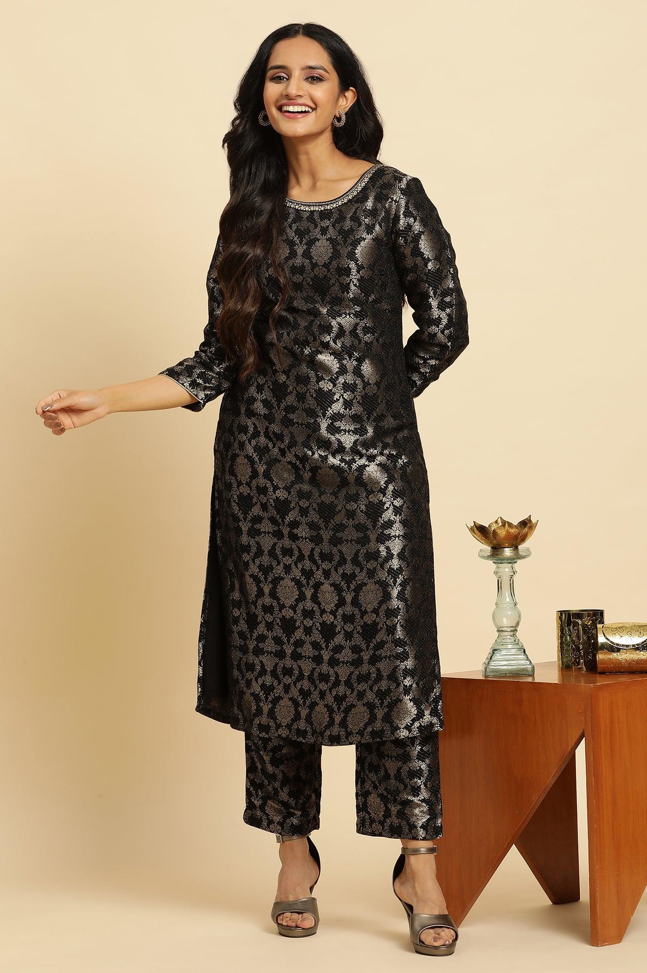 W for Woman Black Rayon Jacquard Kurta And Pant Festive Set