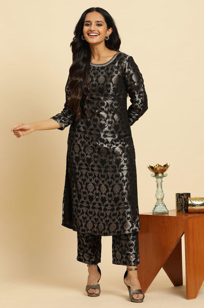 W for Woman Black Rayon Jacquard Kurta And Pant Festive Set