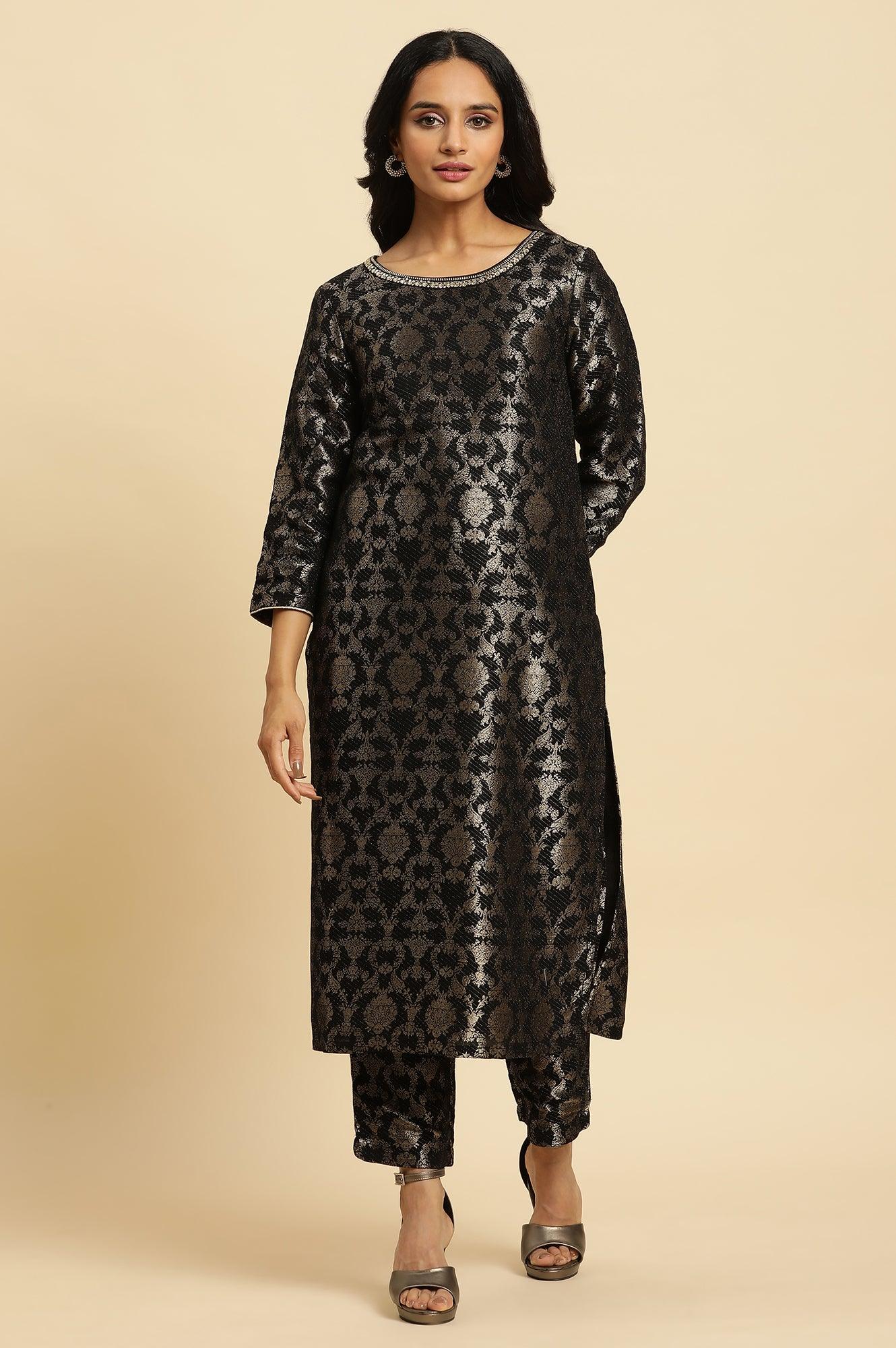W for Woman Black Rayon Jacquard Kurta And Pant Festive Set
