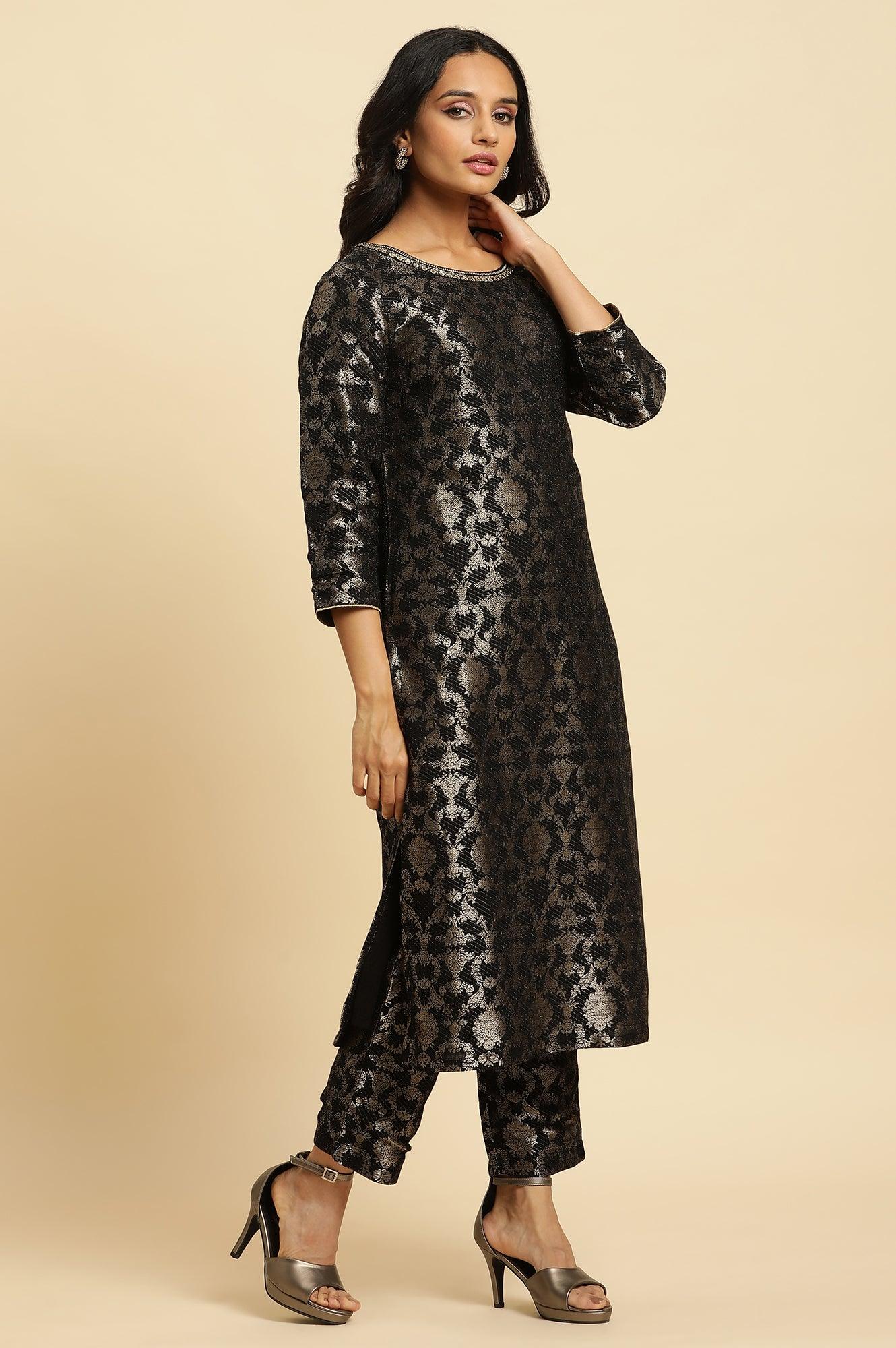 W for Woman Black Rayon Jacquard Kurta And Pant Festive Set