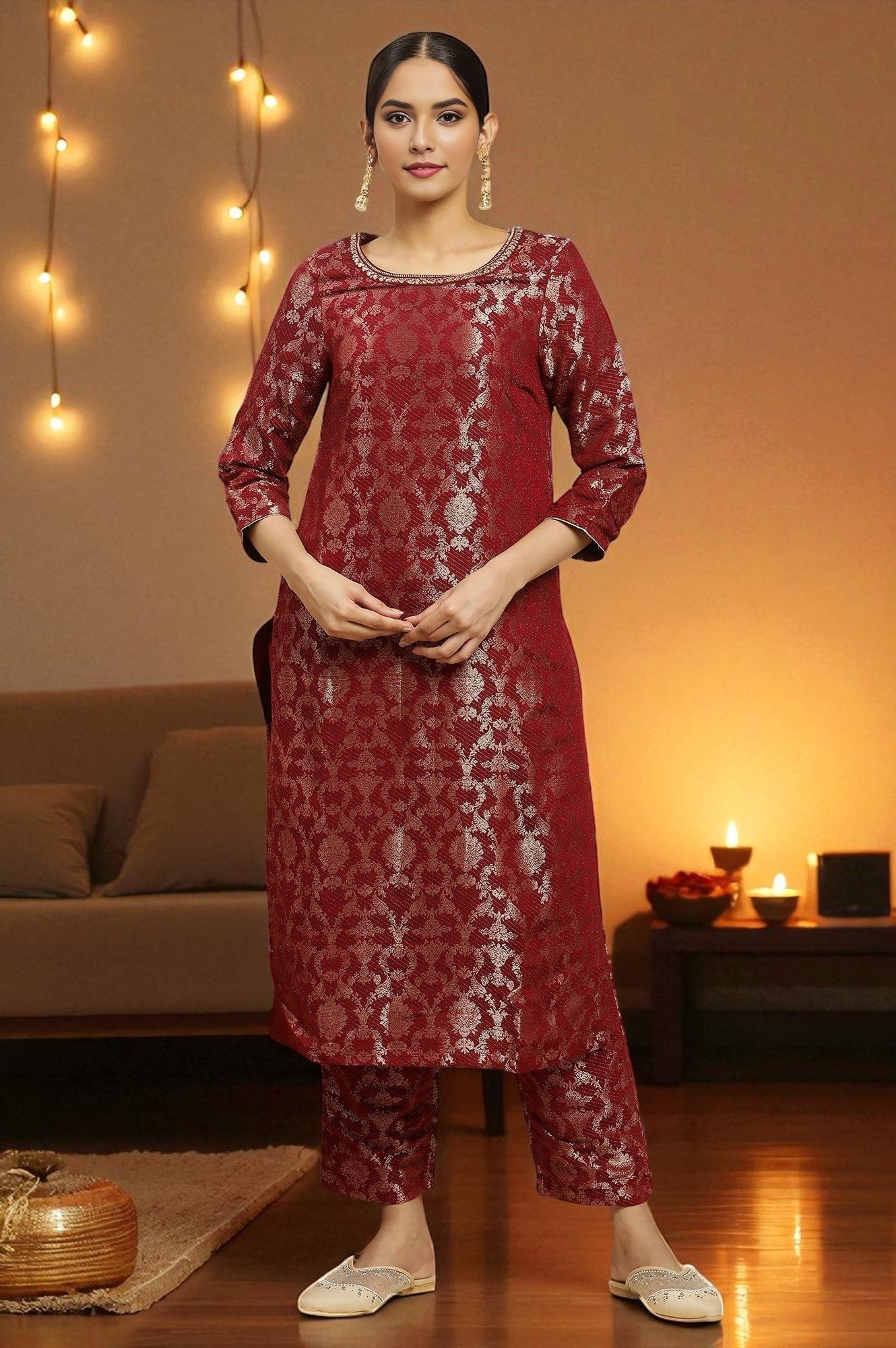 W for Woman Maroon Rayon Jacquard Kurta and Pants Festive Set