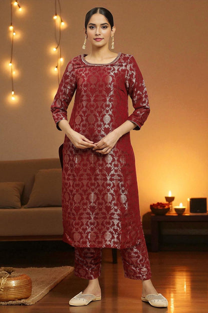 W for Woman Maroon Rayon Jacquard Kurta and Pants Festive Set
