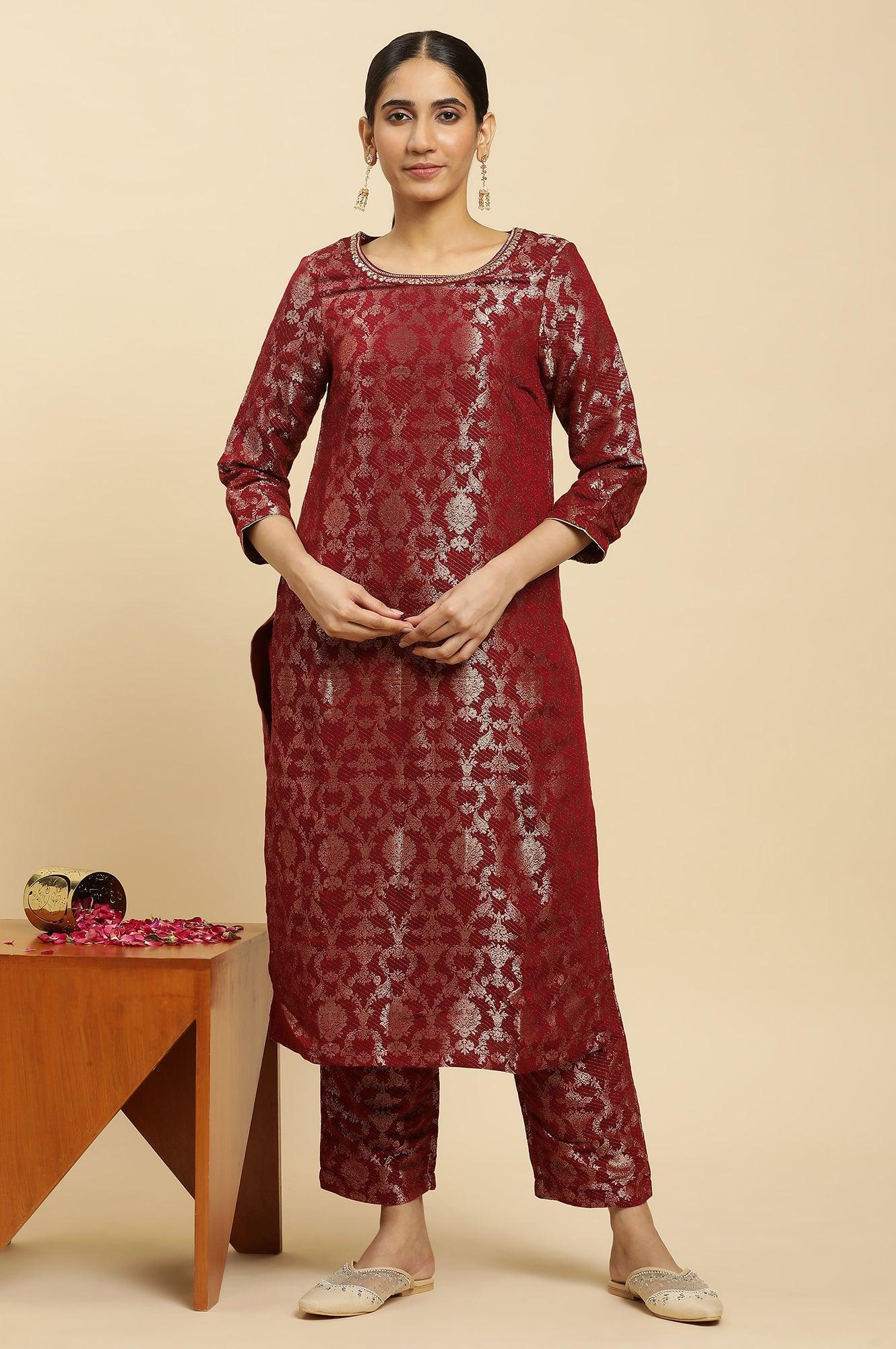 W for Woman Maroon Rayon Jacquard Kurta and Pants Festive Set