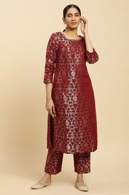 W for Woman Maroon Rayon Jacquard Kurta and Pants Festive Set