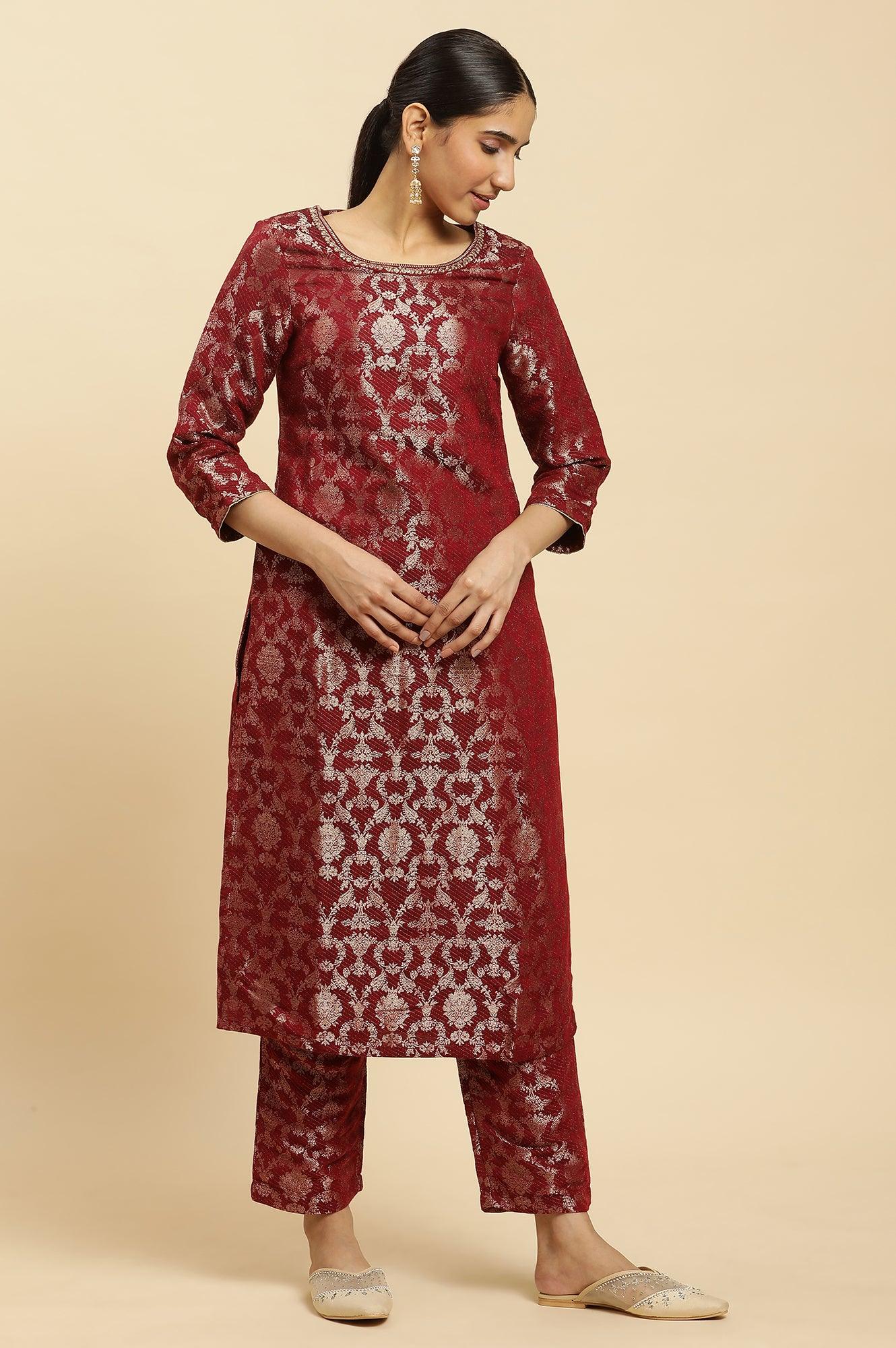 W for Woman Maroon Rayon Jacquard Kurta and Pants Festive Set