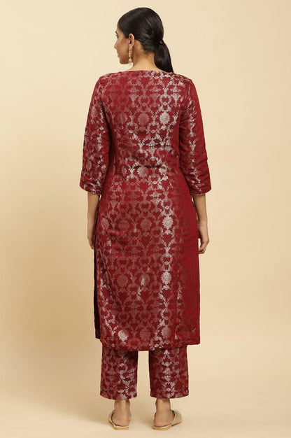 W for Woman Maroon Rayon Jacquard Kurta and Pants Festive Set