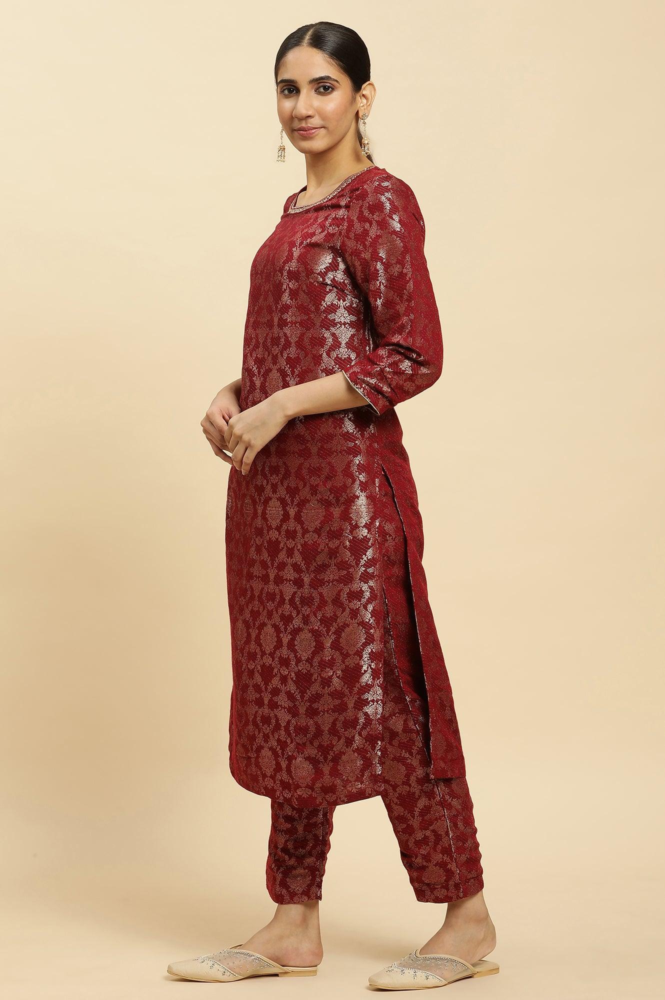 W for Woman Maroon Rayon Jacquard Kurta and Pants Festive Set