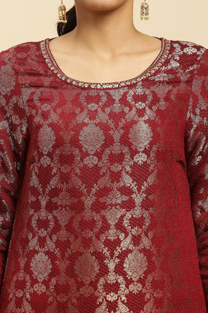 W for Woman Maroon Rayon Jacquard Kurta and Pants Festive Set