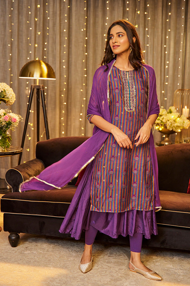 W for Woman Purple Layered Suzani Printed Kurta, Tights and Dupatta Set