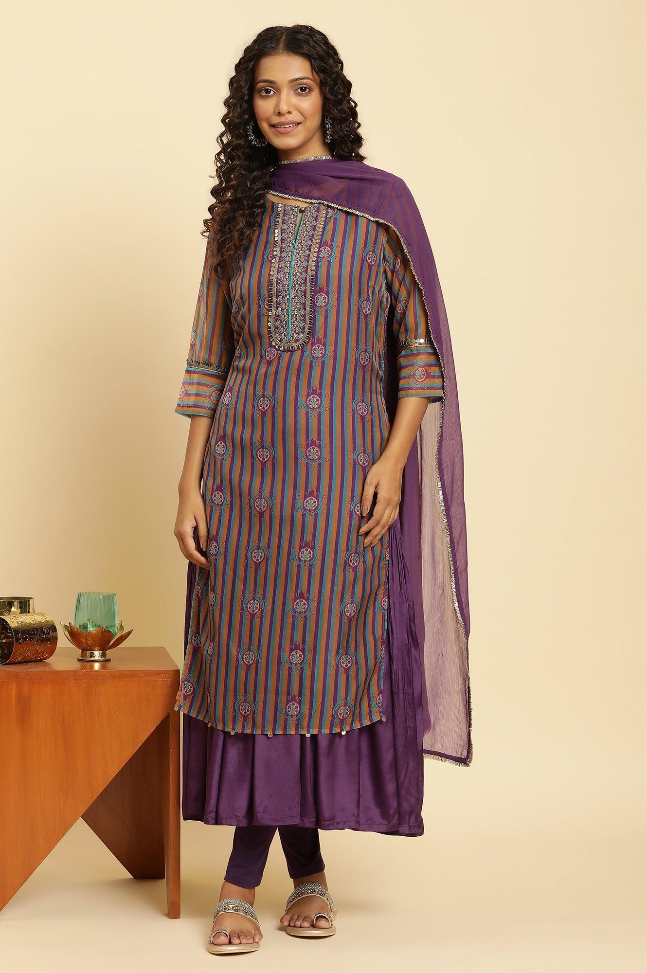 W for Woman Purple Layered Suzani Printed Kurta, Tights and Dupatta Set