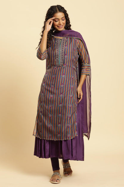 W for Woman Purple Layered Suzani Printed Kurta, Tights and Dupatta Set